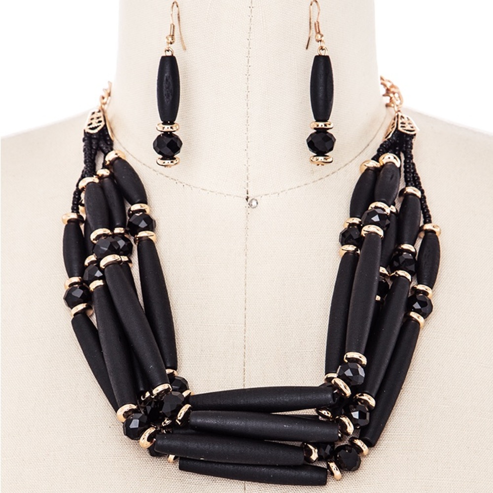 Black & Gold Wooden Bead Layered Statement Necklace